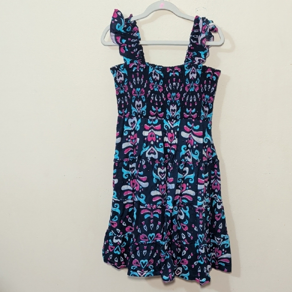 Crown & Ivy Kids Smocked Tiered Dress Blue Pink Ikat Ruffle Girls Size M